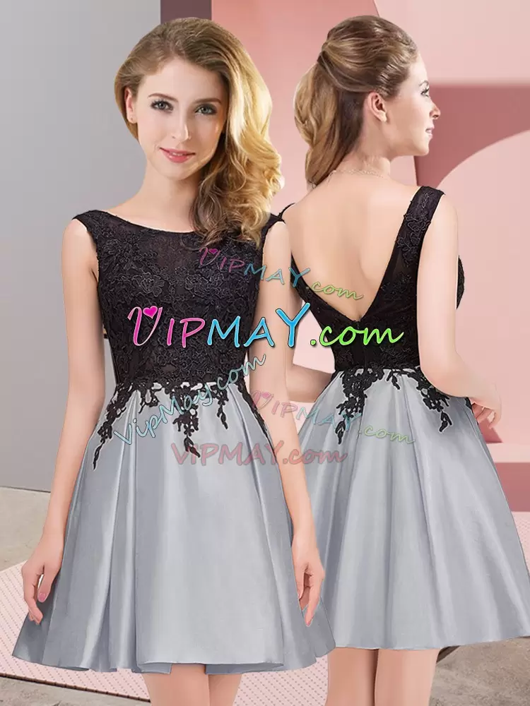 Scoop Sleeveless Zipper Bridesmaid Dresses Grey Satin Lace