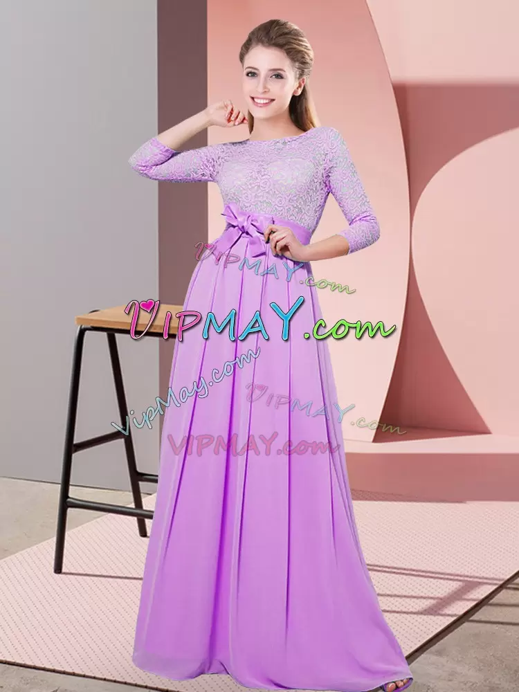 New Arrival Floor Length Lilac Bridesmaids Dress Scoop 3 4 Length Sleeve Side Zipper