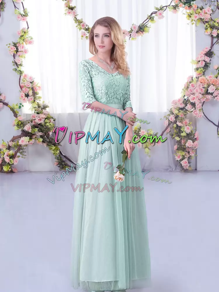 Best V-neck Half Sleeves Bridesmaid Dress Floor Length Lace and Belt Light Blue Tulle