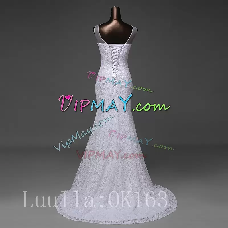 Sleeveless Beading and Lace Lace Up Wedding Dress with White Brush Train