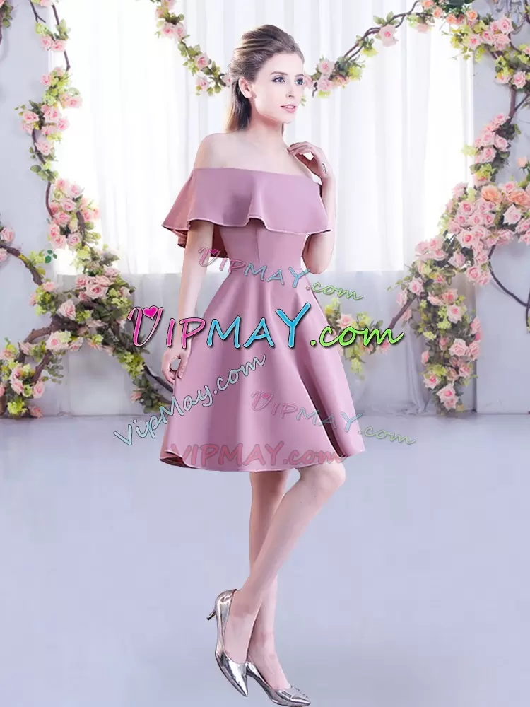 Best Selling A-line Damas Dress Pink Off The Shoulder Chiffon Short Sleeves Mini Length Zipper