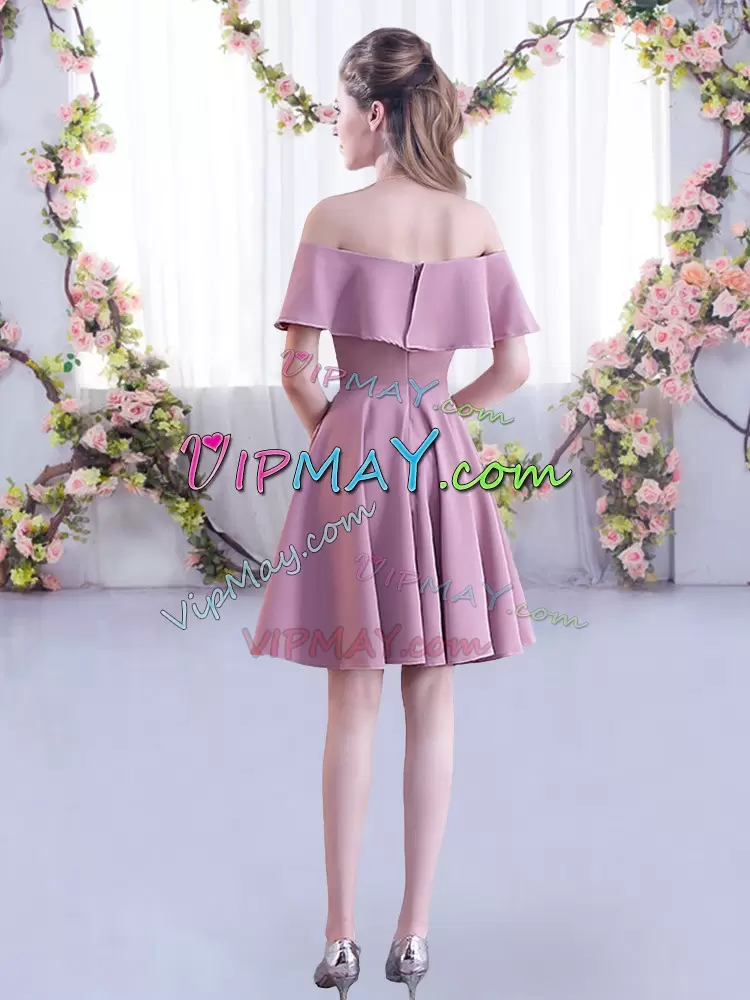 Best Selling A-line Damas Dress Pink Off The Shoulder Chiffon Short Sleeves Mini Length Zipper