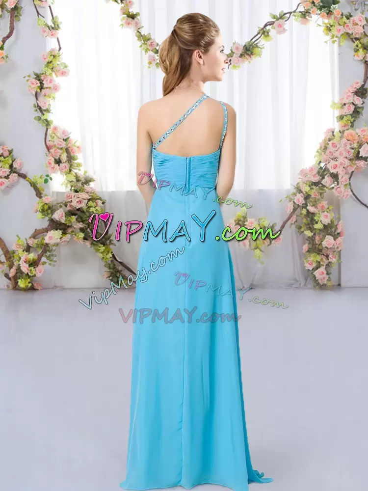 Aqua Blue Sleeveless Floor Length Beading Zipper Wedding Party Dress One Shoulder