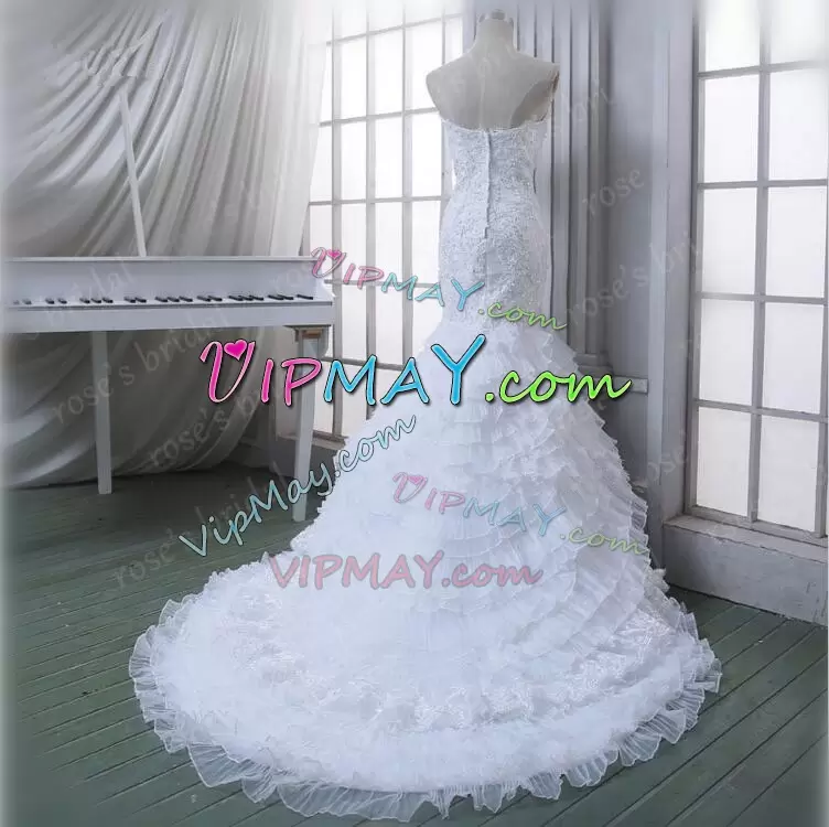 Fine Sweetheart Sleeveless Brush Train Zipper Wedding Gown White Organza Beading