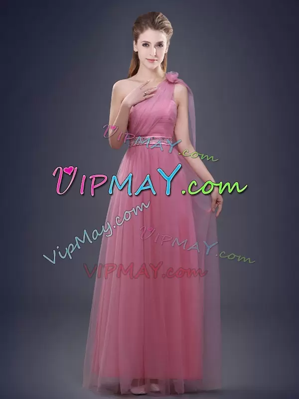 Tulle Sleeveless Floor Length Damas Dress and Beading and Ruching and Hand Made Flower