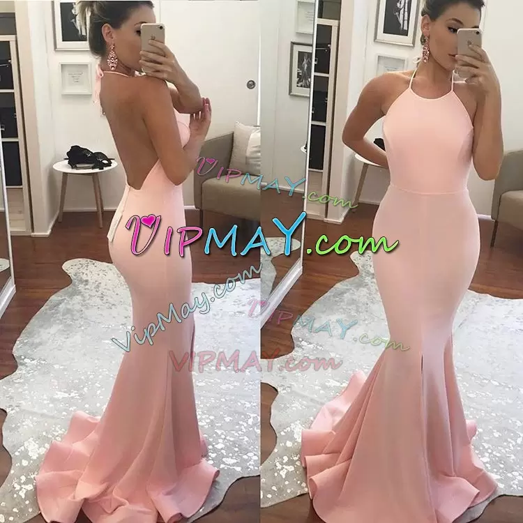 Luxury Brush Train Mermaid Wedding Party Dress Pink Halter Top Satin Backless