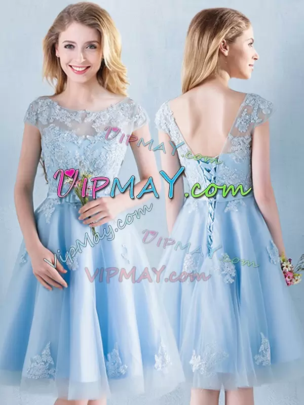 Light Blue A-line Appliques and Bowknot Bridesmaid Gown Lace Up Tulle Short Sleeves Knee Length