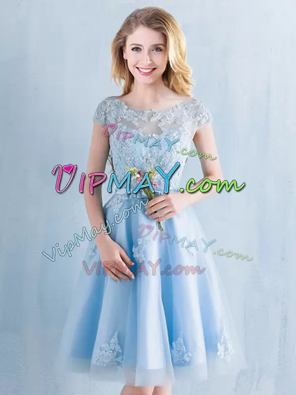 Light Blue A-line Appliques and Bowknot Bridesmaid Gown Lace Up Tulle Short Sleeves Knee Length