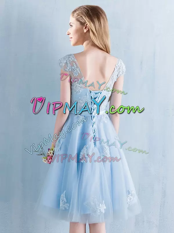 Light Blue A-line Appliques and Bowknot Bridesmaid Gown Lace Up Tulle Short Sleeves Knee Length