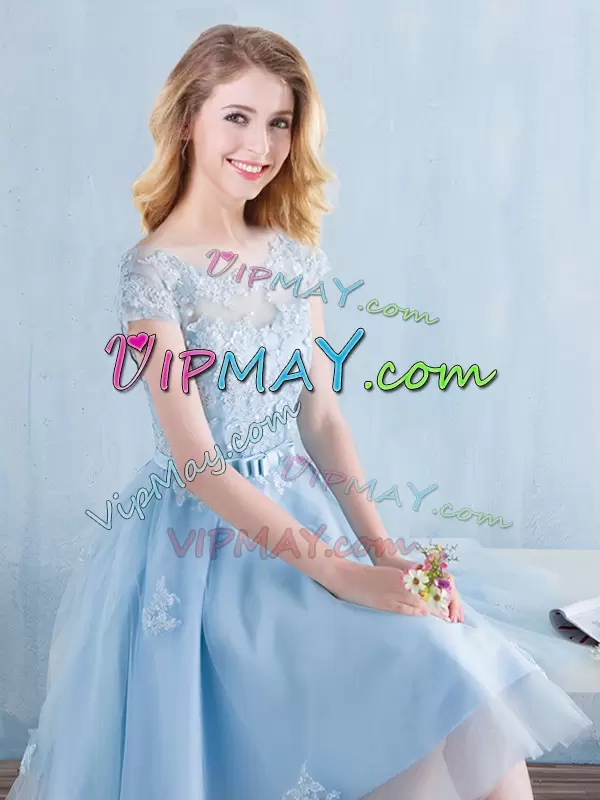 Light Blue A-line Appliques and Bowknot Bridesmaid Gown Lace Up Tulle Short Sleeves Knee Length