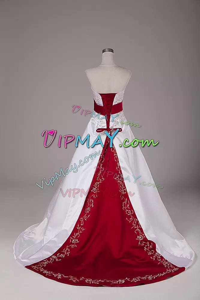 Custom Fit White Ball Gowns Strapless Sleeveless Satin Brush Train Lace Up Beading and Embroidery Celebrity Prom Dress
