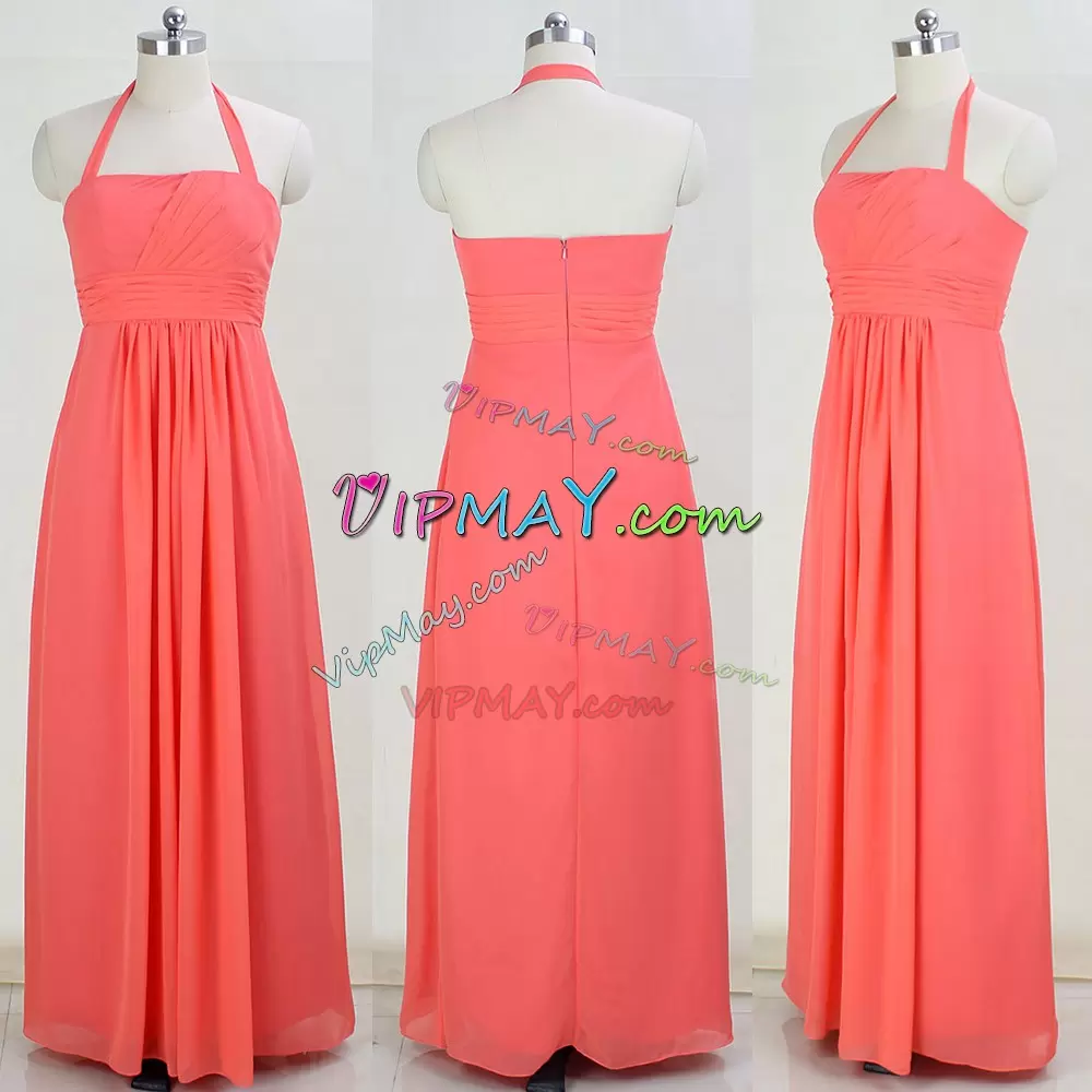 Luxury Coral Red Chiffon Zipper Halter Top Sleeveless Floor Length Bridesmaid Dress Ruching