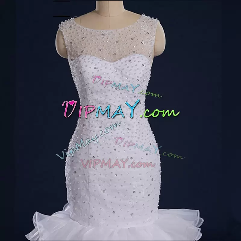 Custom Fit Mermaid Sleeveless White Bridal Gown Sweep Train Clasp Handle