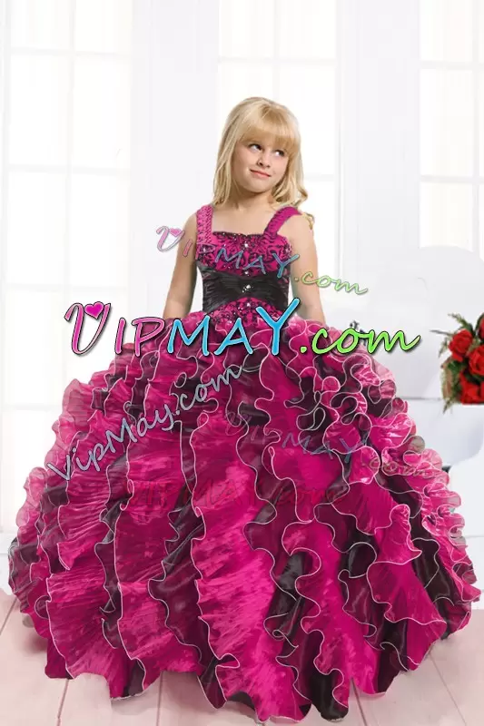 Sweet Beading and Ruffles Pageant Dress for Womens Black and Hot Pink Lace Up Sleeveless Floor Length