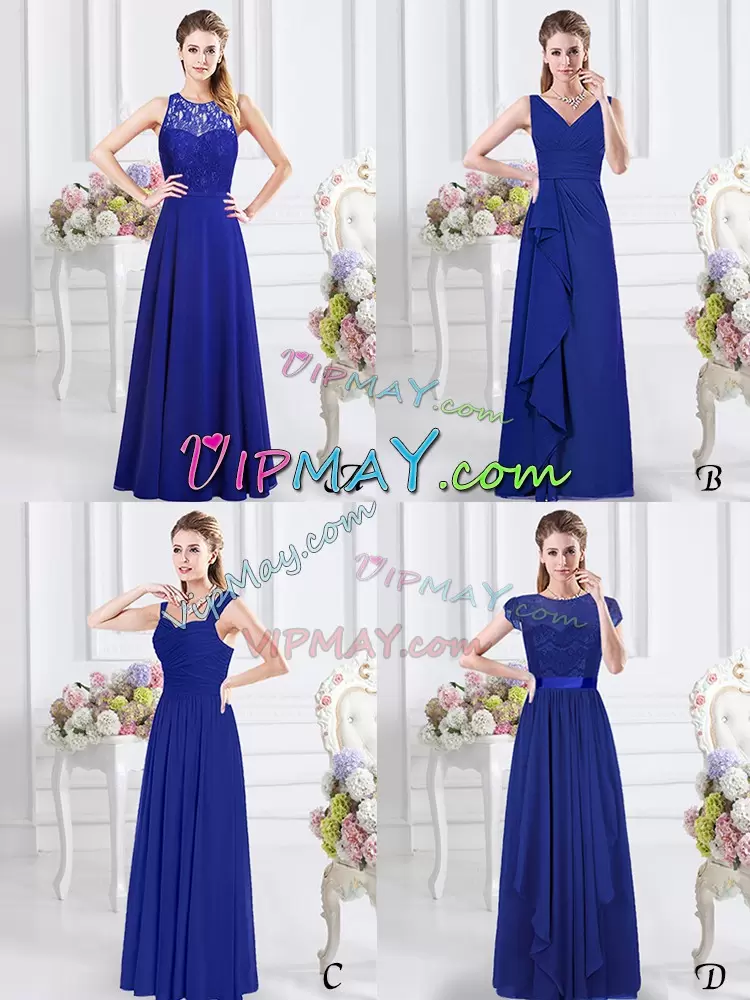 Exceptional Lace and Ruffles and Ruching Bridesmaids Dress Royal Blue Zipper Sleeveless Floor Length