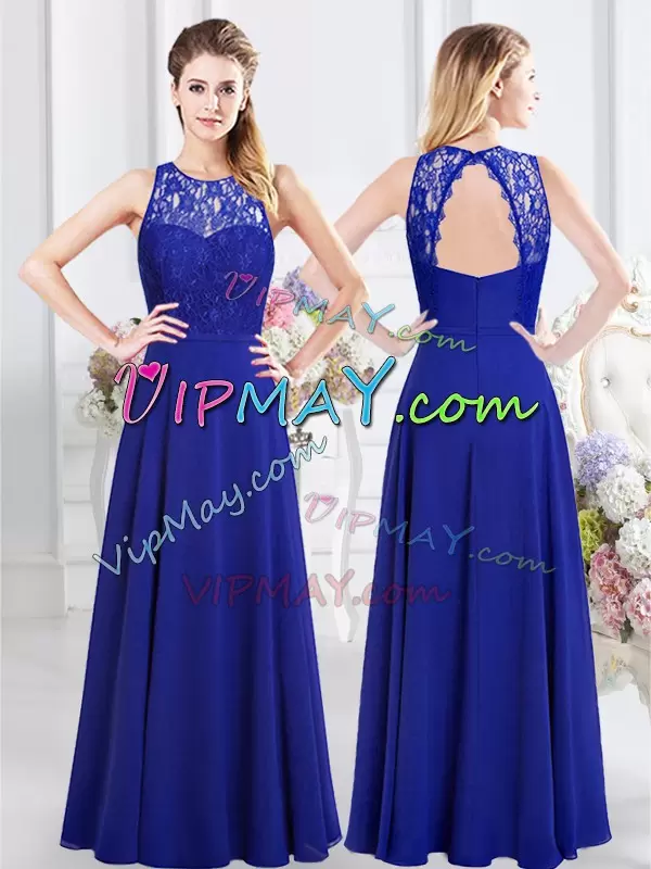 Exceptional Lace and Ruffles and Ruching Bridesmaids Dress Royal Blue Zipper Sleeveless Floor Length