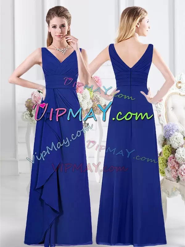 Exceptional Lace and Ruffles and Ruching Bridesmaids Dress Royal Blue Zipper Sleeveless Floor Length