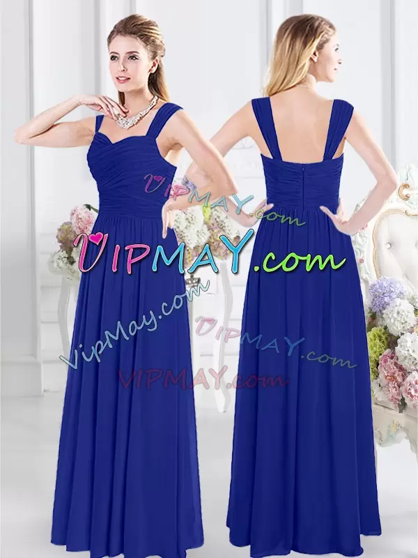 Exceptional Lace and Ruffles and Ruching Bridesmaids Dress Royal Blue Zipper Sleeveless Floor Length