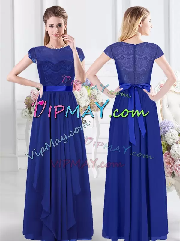 Exceptional Lace and Ruffles and Ruching Bridesmaids Dress Royal Blue Zipper Sleeveless Floor Length