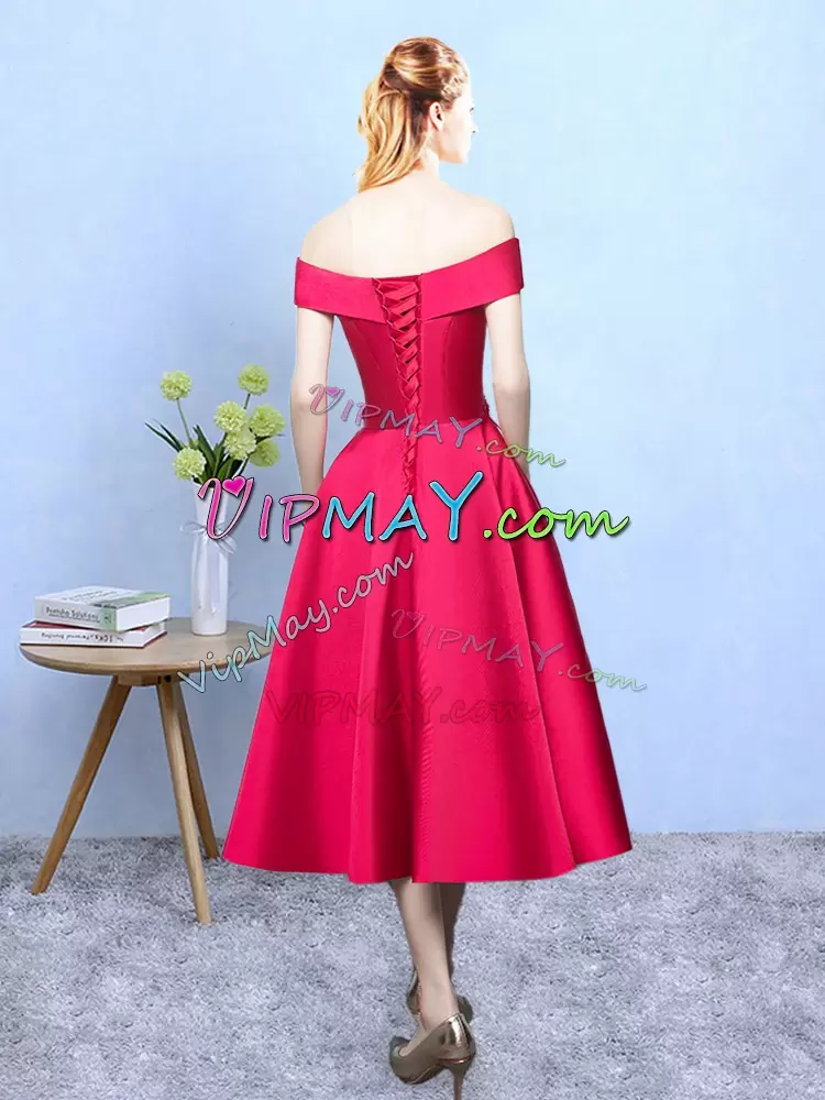 Tea Length A-line Cap Sleeves Wine Red Bridesmaid Dress Lace Up