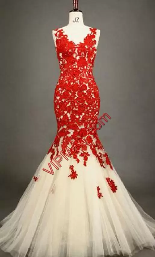 Best Selling Lace and Appliques Wedding Gowns White And Red Lace Up Sleeveless Floor Length