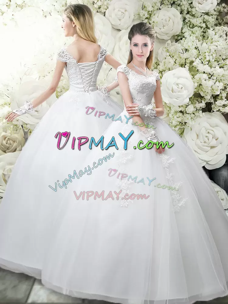 White Wedding Dress Wedding Party with Appliques Scoop Cap Sleeves Lace Up