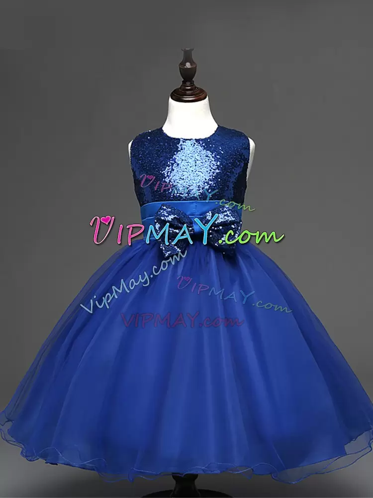 Best Ball Gowns Pageant Dress for Womens Royal Blue Scoop Tulle Sleeveless Tea Length Zipper