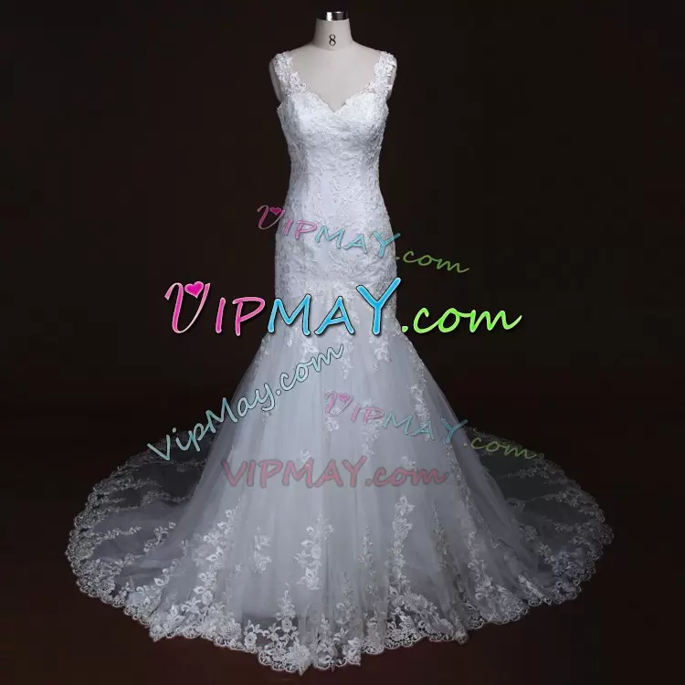 Most Popular Appliques Bridal Gown White Lace Up Sleeveless With Train Sweep Train