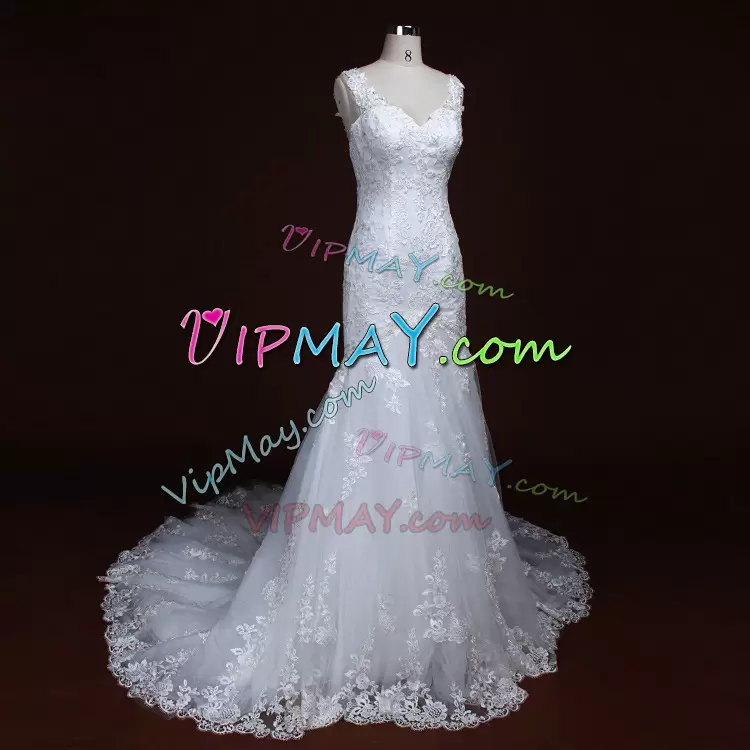 Most Popular Appliques Bridal Gown White Lace Up Sleeveless With Train Sweep Train