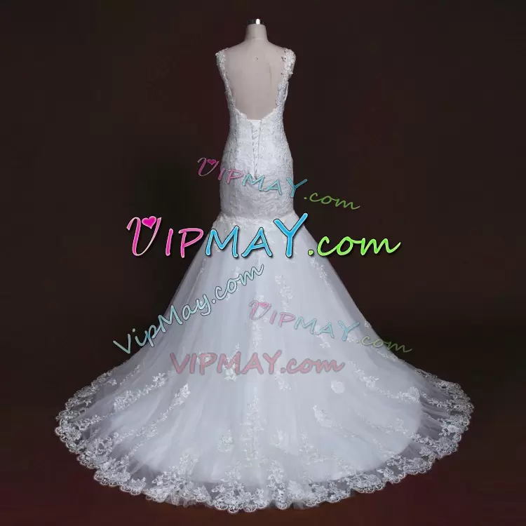 Most Popular Appliques Bridal Gown White Lace Up Sleeveless With Train Sweep Train