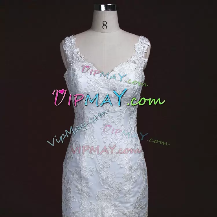 Most Popular Appliques Bridal Gown White Lace Up Sleeveless With Train Sweep Train