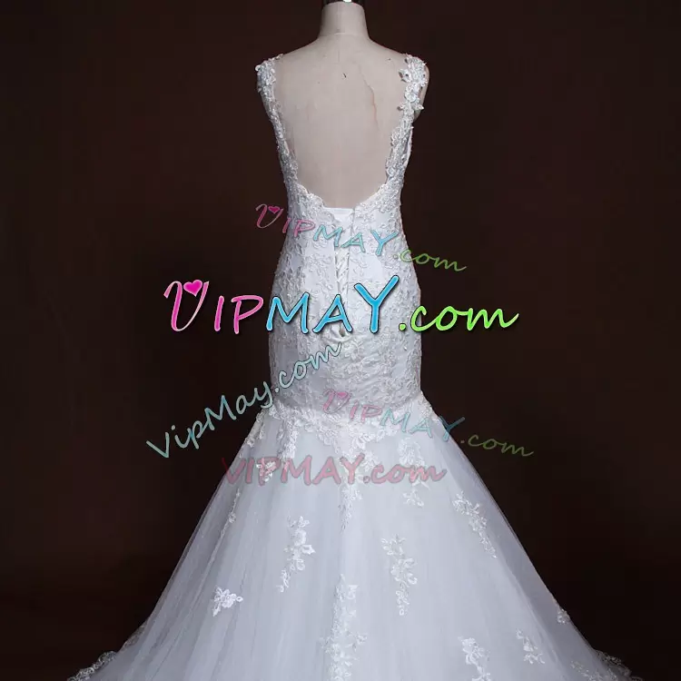 Most Popular Appliques Bridal Gown White Lace Up Sleeveless With Train Sweep Train