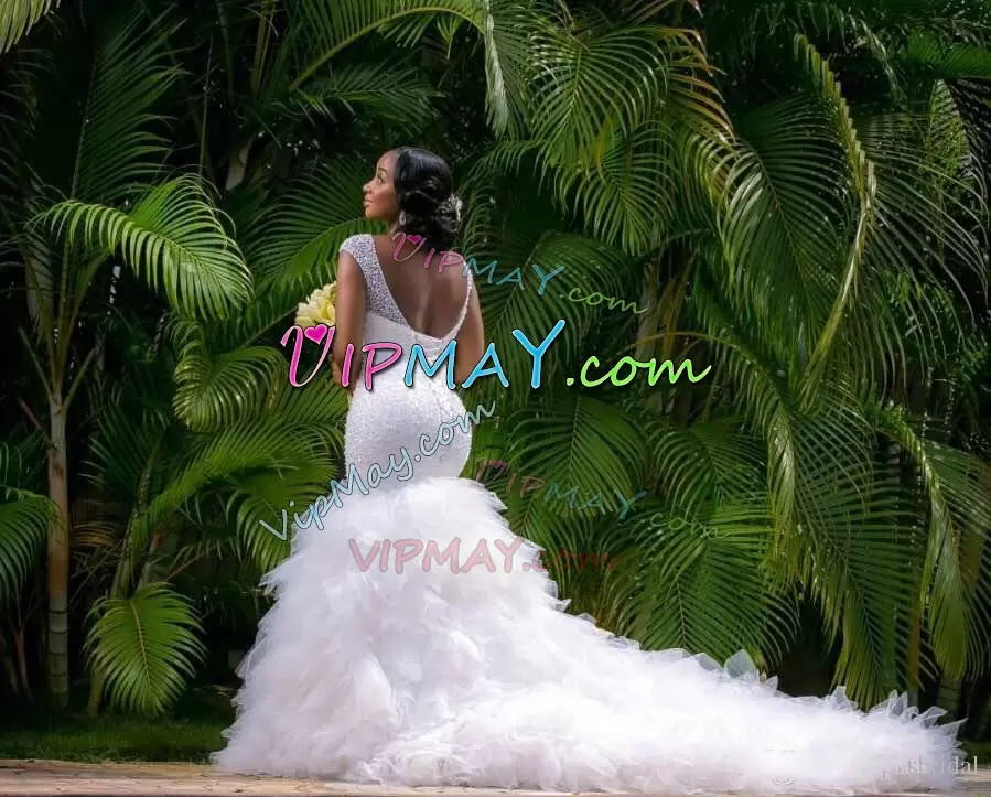 High Class Sleeveless Tulle Brush Train Backless Bridal Gown in White with Beading and Ruffles