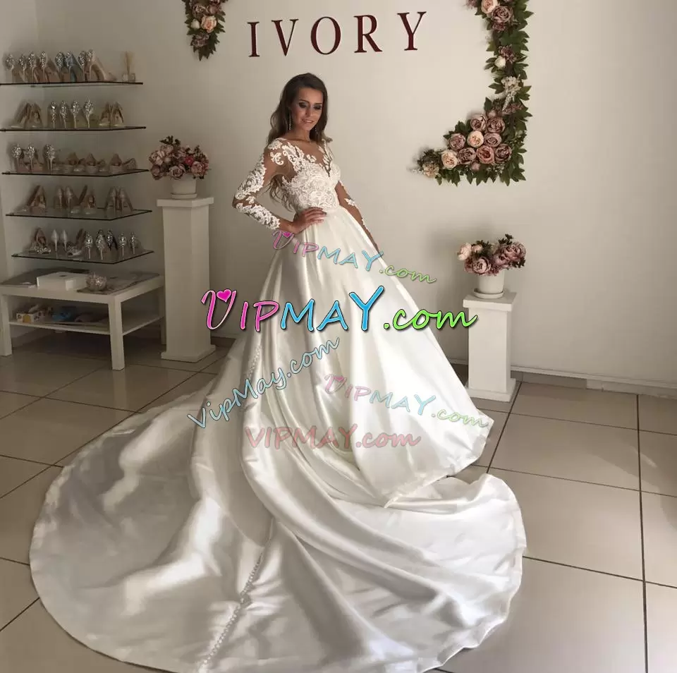 Glorious White Ball Gowns Satin Asymmetric Long Sleeves Lace Clasp Handle Wedding Gown Chapel Train