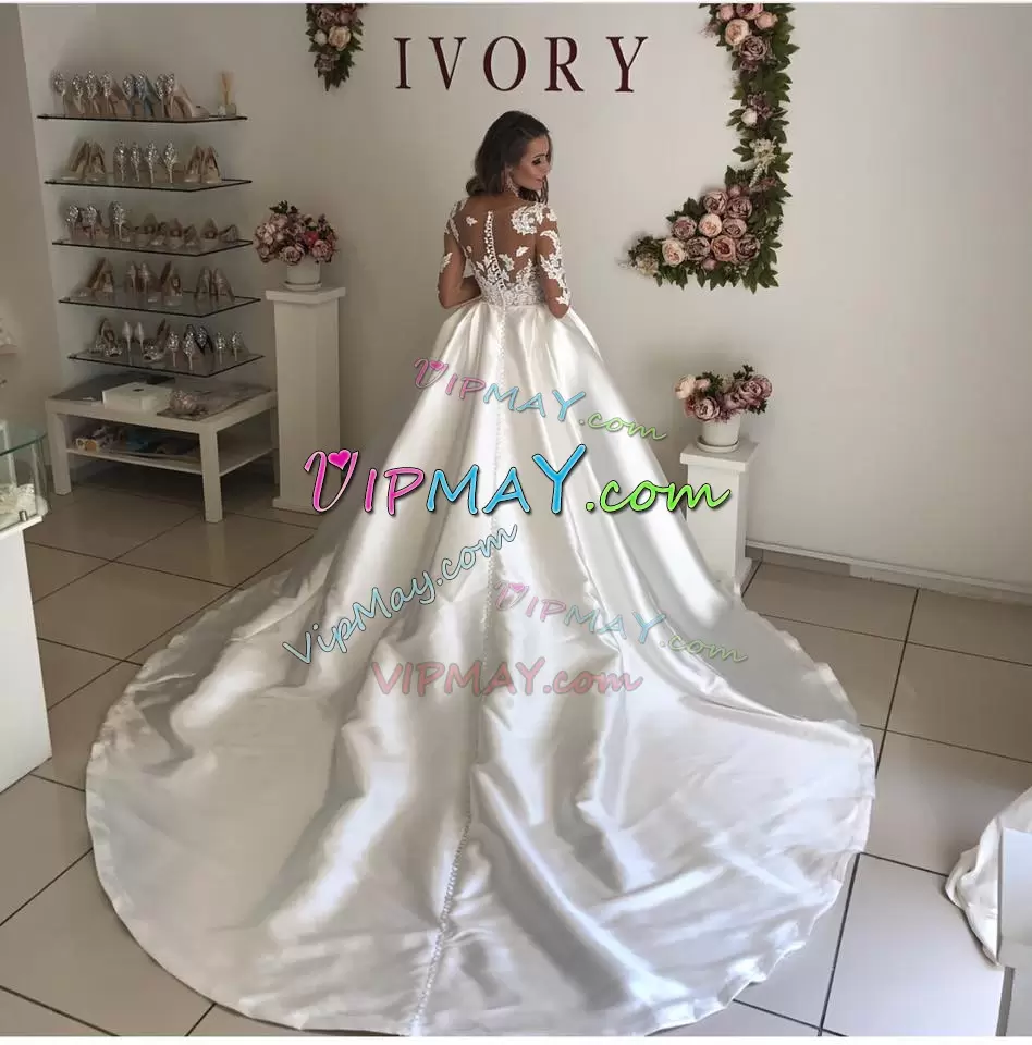 Glorious White Ball Gowns Satin Asymmetric Long Sleeves Lace Clasp Handle Wedding Gown Chapel Train