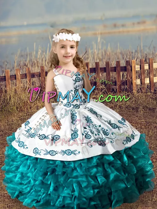 Attractive Teal Organza Lace Up Straps Sleeveless Floor Length Kids Formal Wear Embroidery and Ruffles