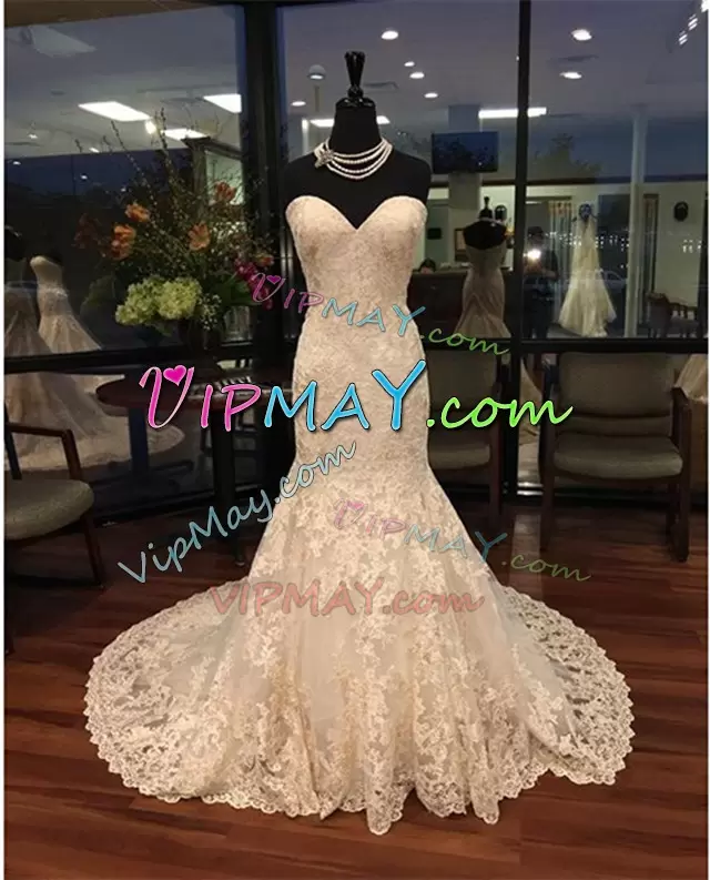 Sleeveless Sweetheart Sweep Train Lace Up With Train Lace Wedding Dresses Sweetheart