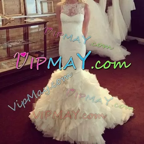 New Arrival Beading and Ruffles Bridal Gown White Lace Up Sleeveless Floor Length