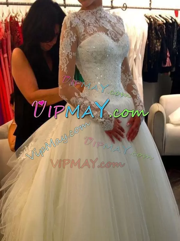 Dynamic Sweep Train A-line Wedding Gowns White High-neck Tulle Long Sleeves Zipper