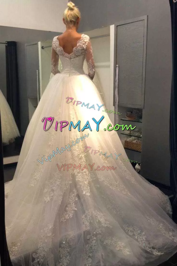 Dynamic Sweep Train A-line Wedding Gowns White High-neck Tulle Long Sleeves Zipper