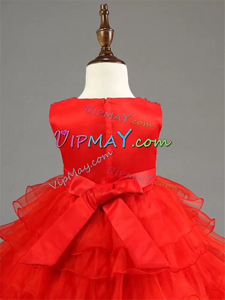 Trendy Red Sleeveless Organza Zipper Pageant Dress Toddler for Wedding Party