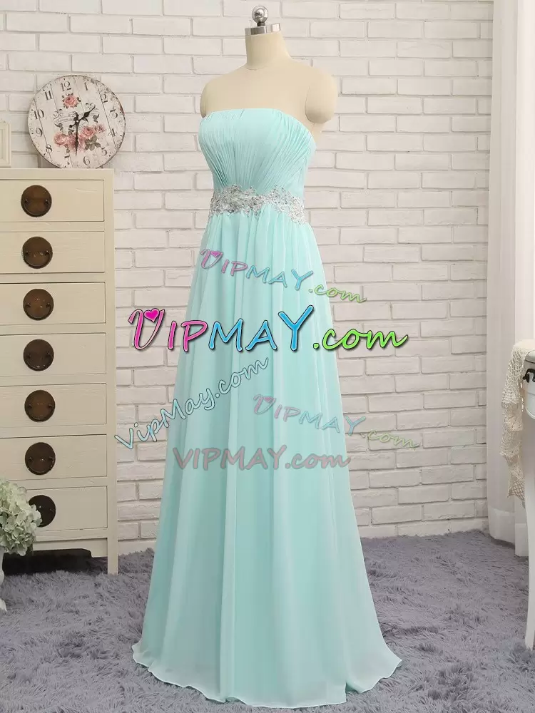 Popular Apple Green Empire Chiffon Strapless Sleeveless Appliques and Ruching Floor Length Zipper Bridesmaid Gown