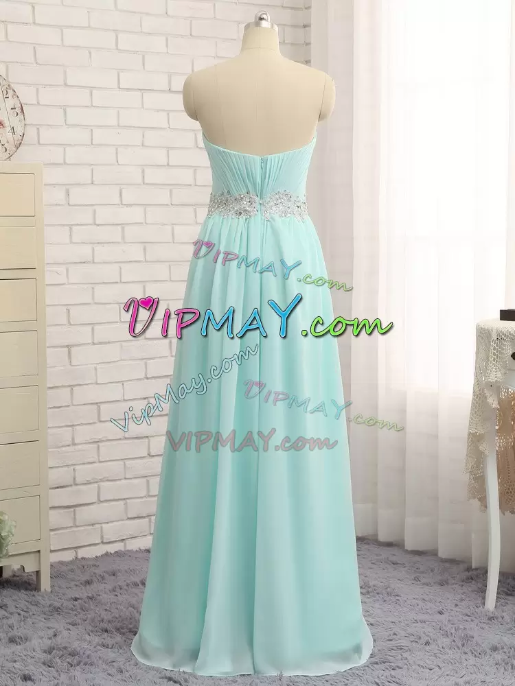 Popular Apple Green Empire Chiffon Strapless Sleeveless Appliques and Ruching Floor Length Zipper Bridesmaid Gown