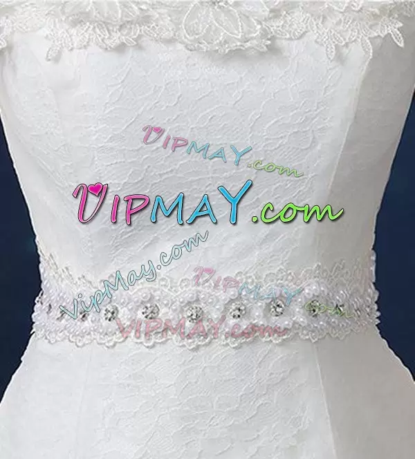 Floor Length White Wedding Dresses Lace Cap Sleeves Beading and Belt