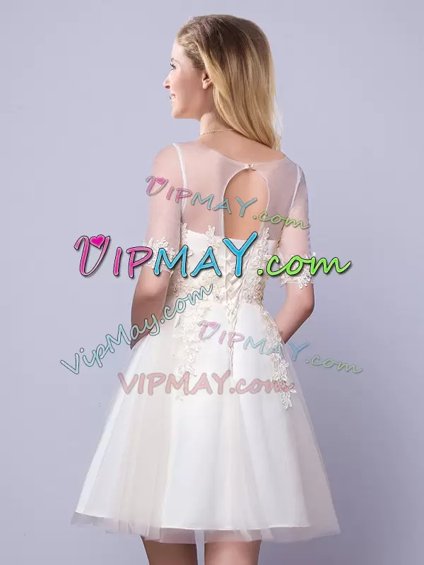 Scoop Half Sleeves Lace Up Bridesmaids Dress Champagne Tulle Appliques