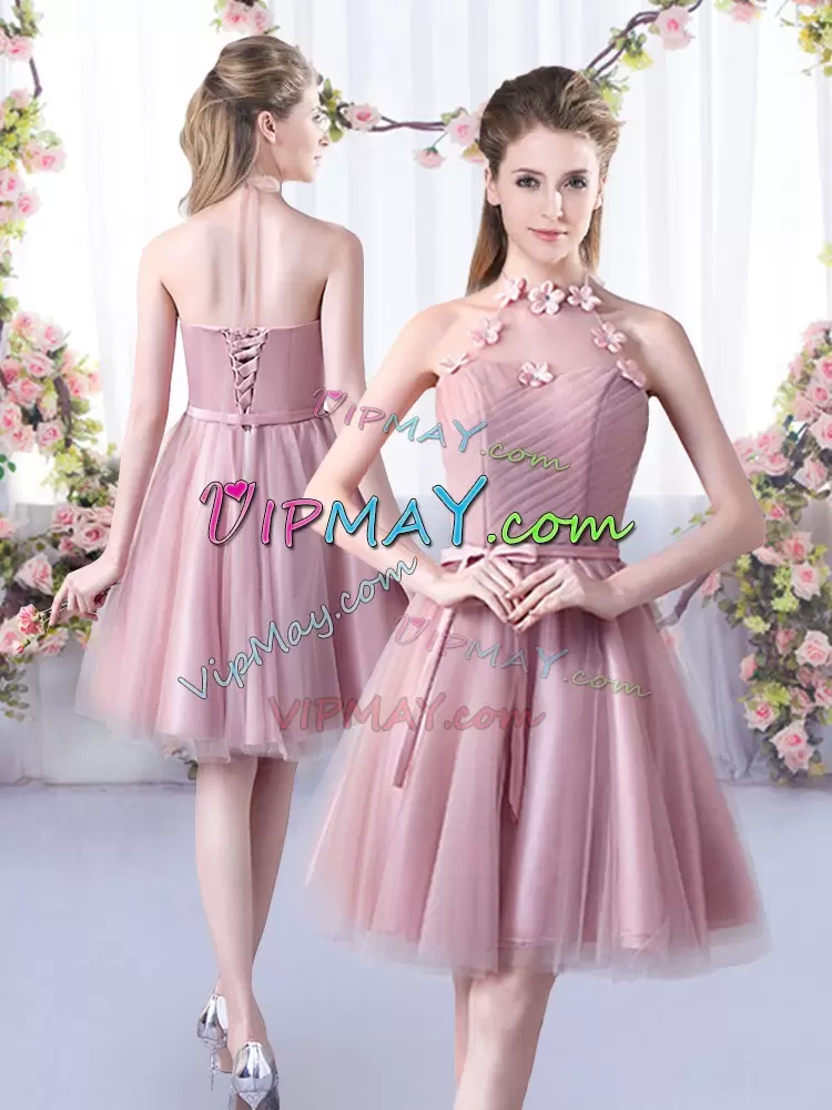 Pink Tulle Lace Up Halter Top Sleeveless Knee Length Bridesmaid Gown Appliques and Belt