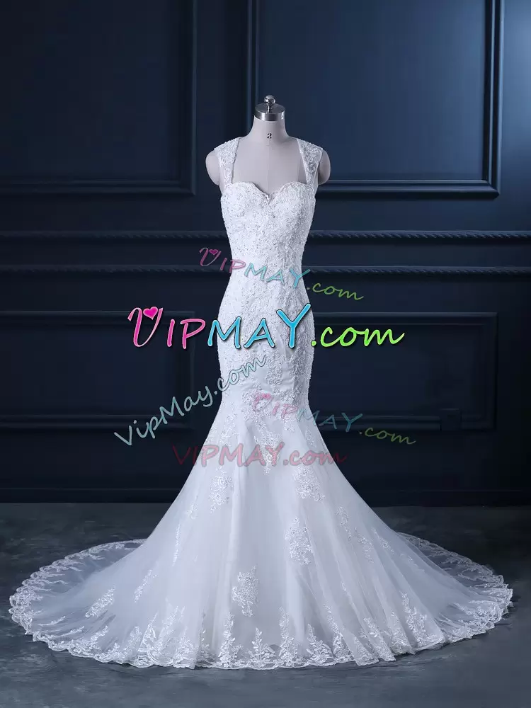 Fancy White Backless Straps Beading and Lace Wedding Dress Tulle Sleeveless Brush Train