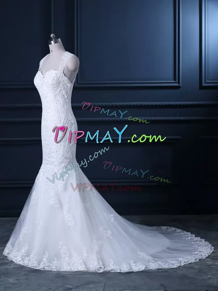 Fancy White Backless Straps Beading and Lace Wedding Dress Tulle Sleeveless Brush Train