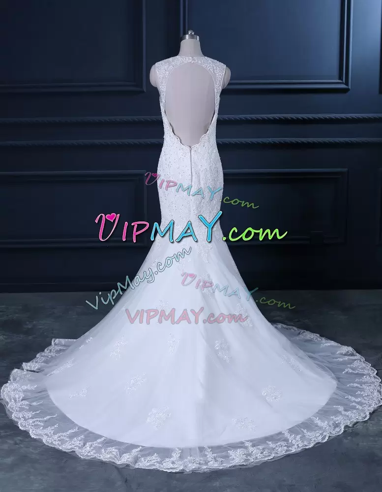 Fancy White Backless Straps Beading and Lace Wedding Dress Tulle Sleeveless Brush Train