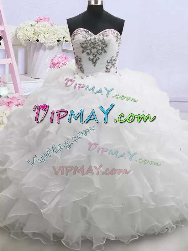 Fabulous With Train White Bridal Gown Organza Brush Train Sleeveless Beading and Ruffled Layers